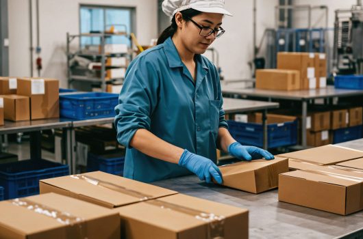 factory worker packaging cardboard boxes