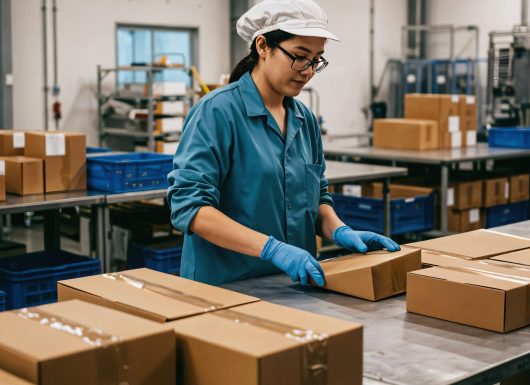 factory worker packaging cardboard boxes