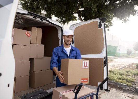medium shot delivery man holding box